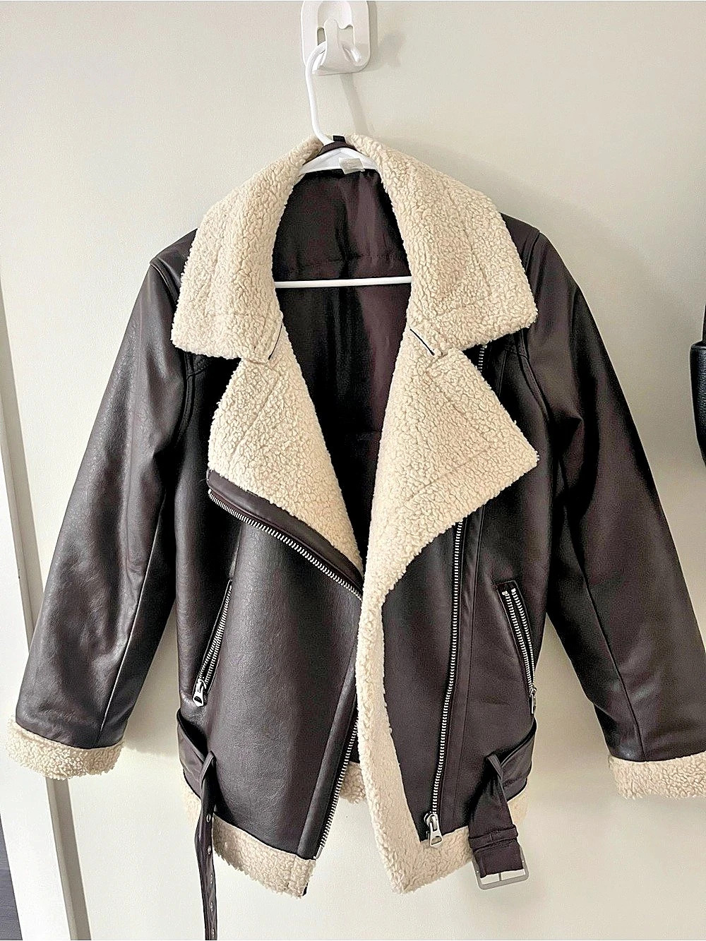 Faux Shearling-Lined Moto Jacket in Black & Cream